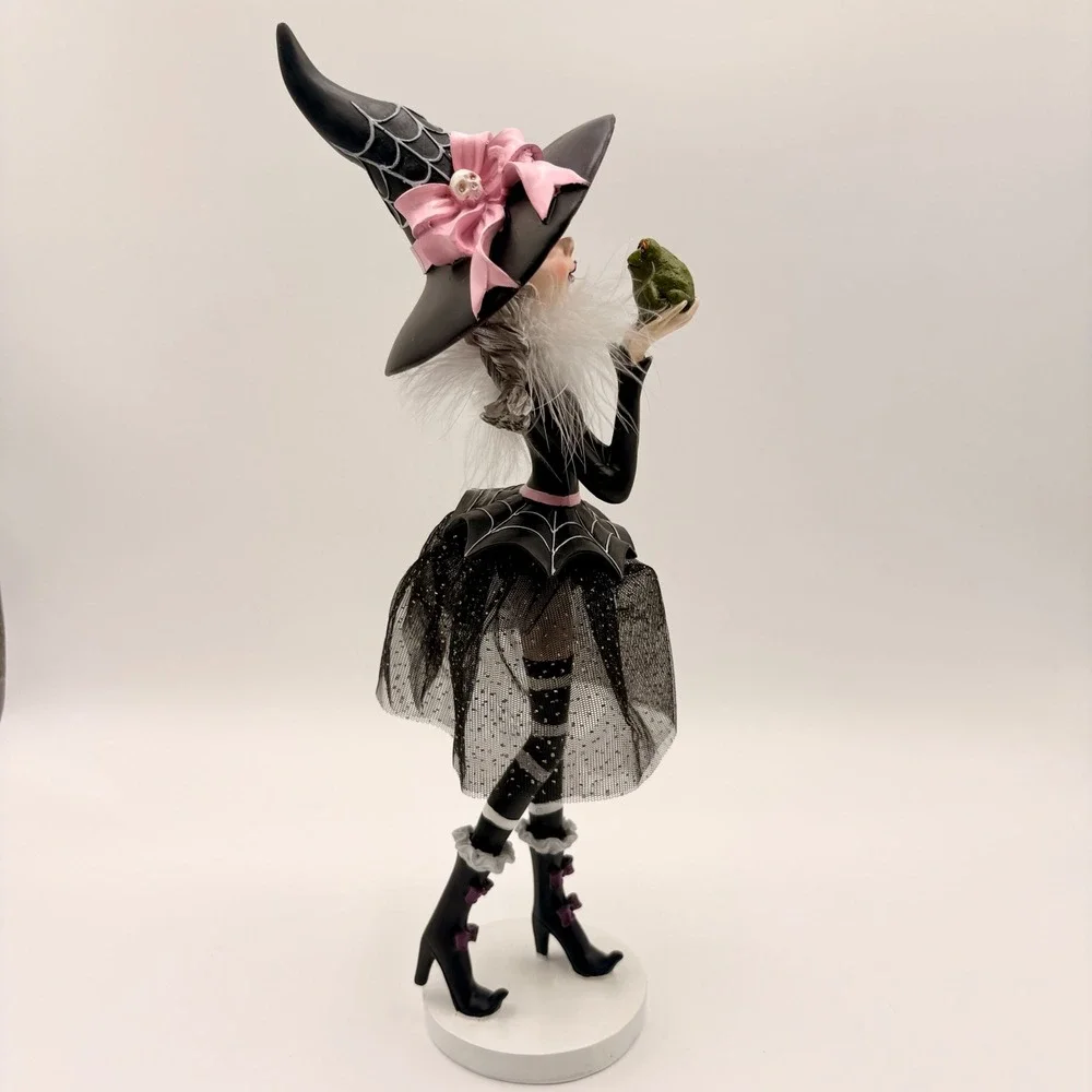 Halloween Witch Figurine with Frog Pink Black Decor